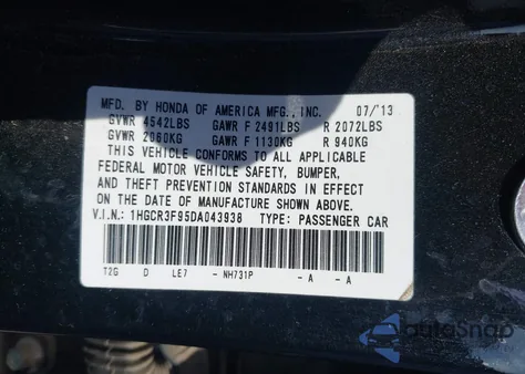 2013 Honda Accord Touring from USA, damaged, VIN 1HGCR3F95DA043938